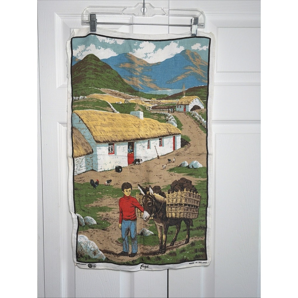 Fingal Vintage Tea Towel Irish Linen 17x28 Multi Color Scene Made in Ireland